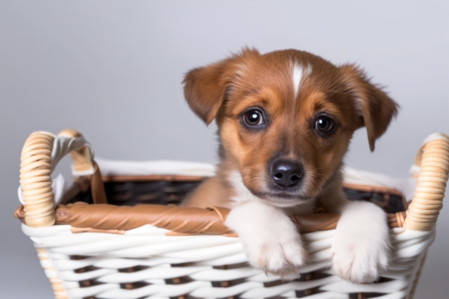 子犬、バスケット