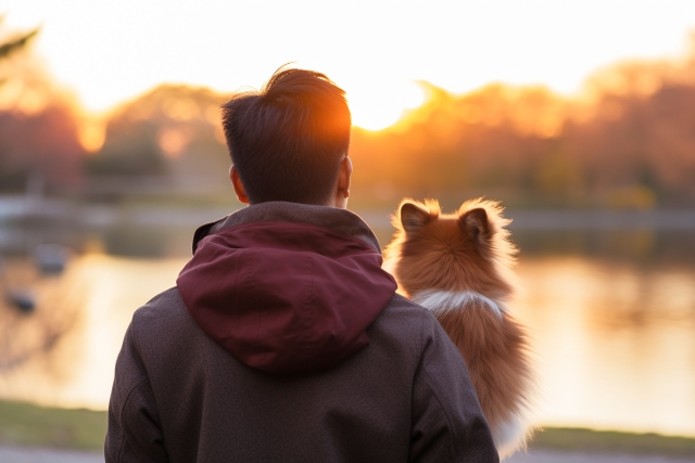 飼い主と犬、夕日