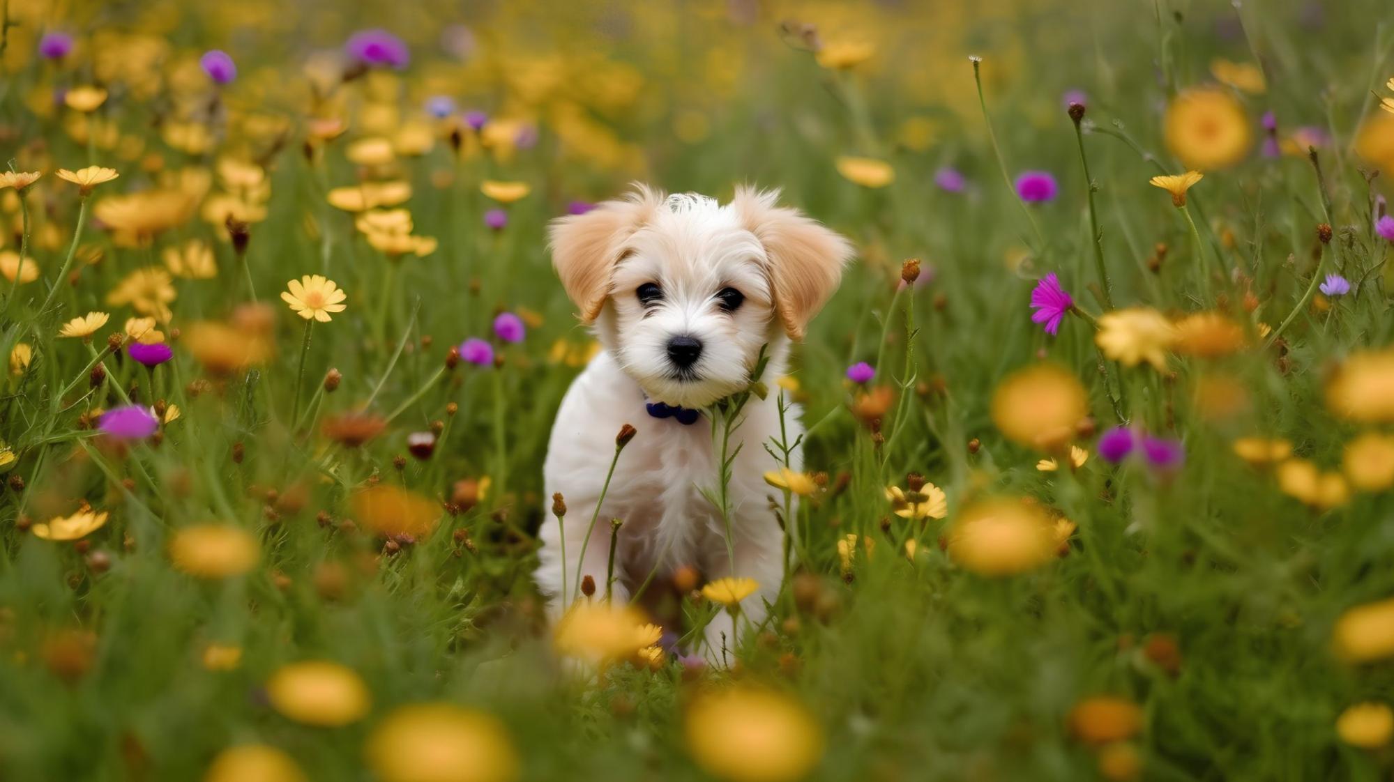 子犬、花