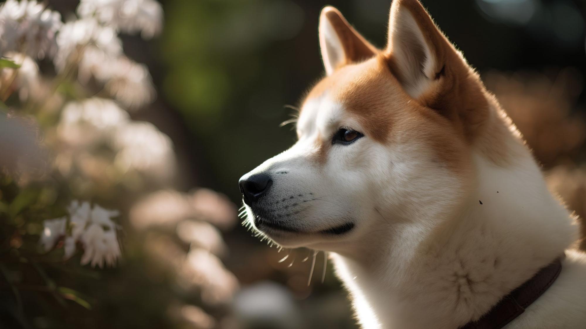 秋田犬、横顔、桜