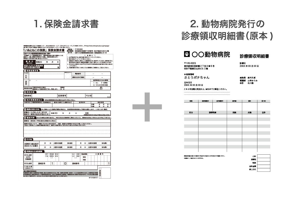 1.保険金請求書　2.動物病院発行の診療領収明細書（原本)